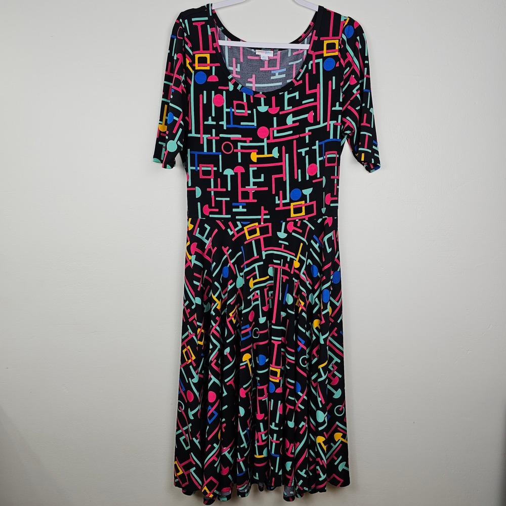 LuLaRoe Dress Women XL Black Geometric Nicole Neon Print Short Sleeve